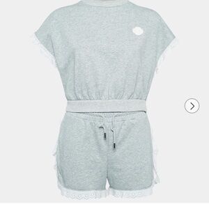 Maje Grey Cotton Knit Lace Trimmed Top and Shorts Set
